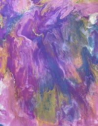 an abstract painting with purple, yellow, and blue colors